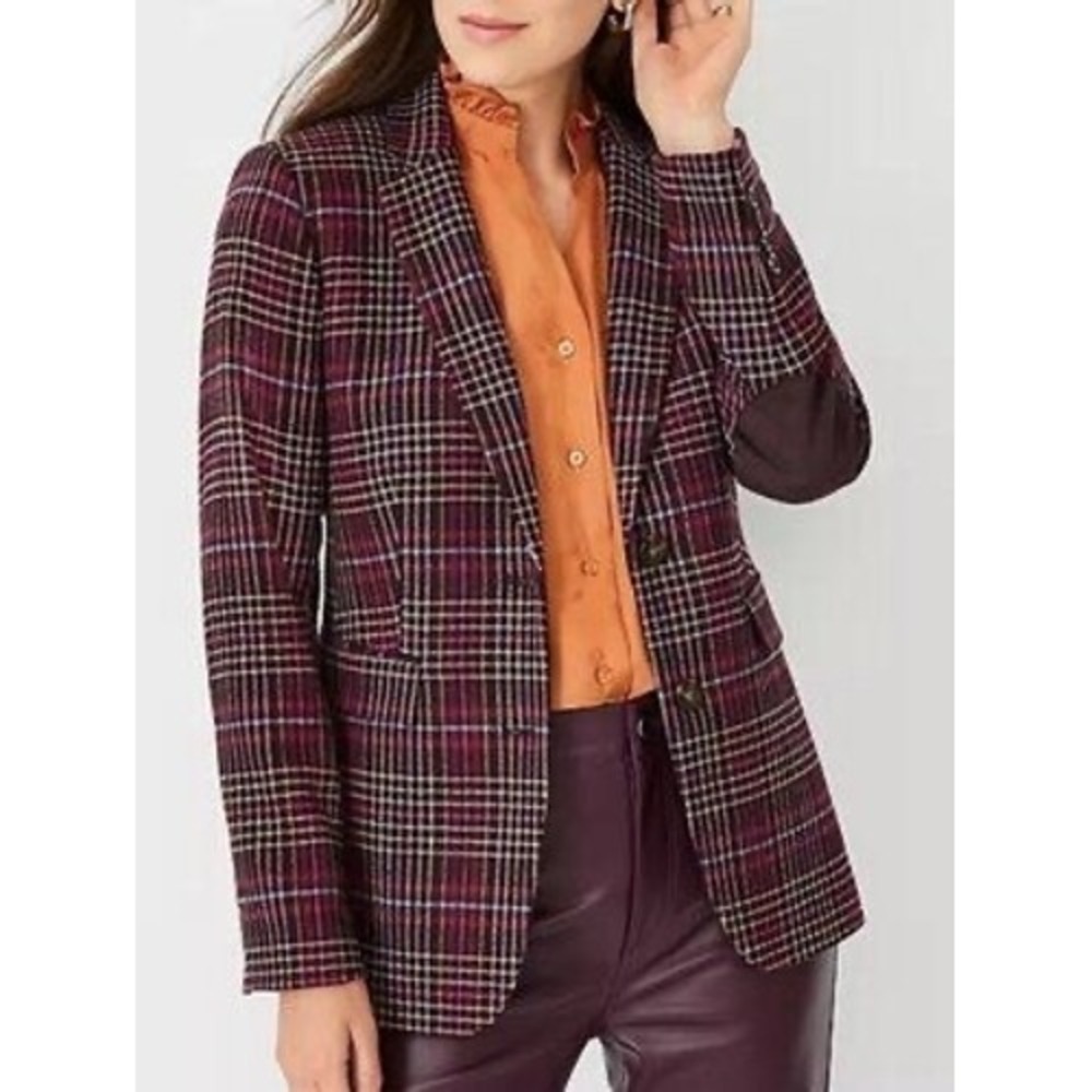 Ann Taylor Blazer Burgundy Plaid Wool Elbow Patch Purple Plum Academia Size 2